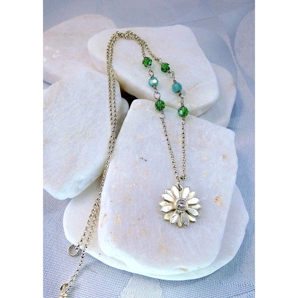 VTG Sterling Silver Crystal Daisy Pendant Flower Necklace